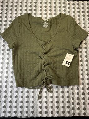 SO Olive Green Front Lace-Up Ribbed Crop Top